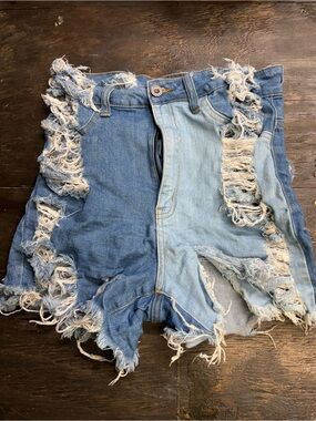 Aphrodite Two-Tone Distressed Denim Shorts - Light & Medium Blue